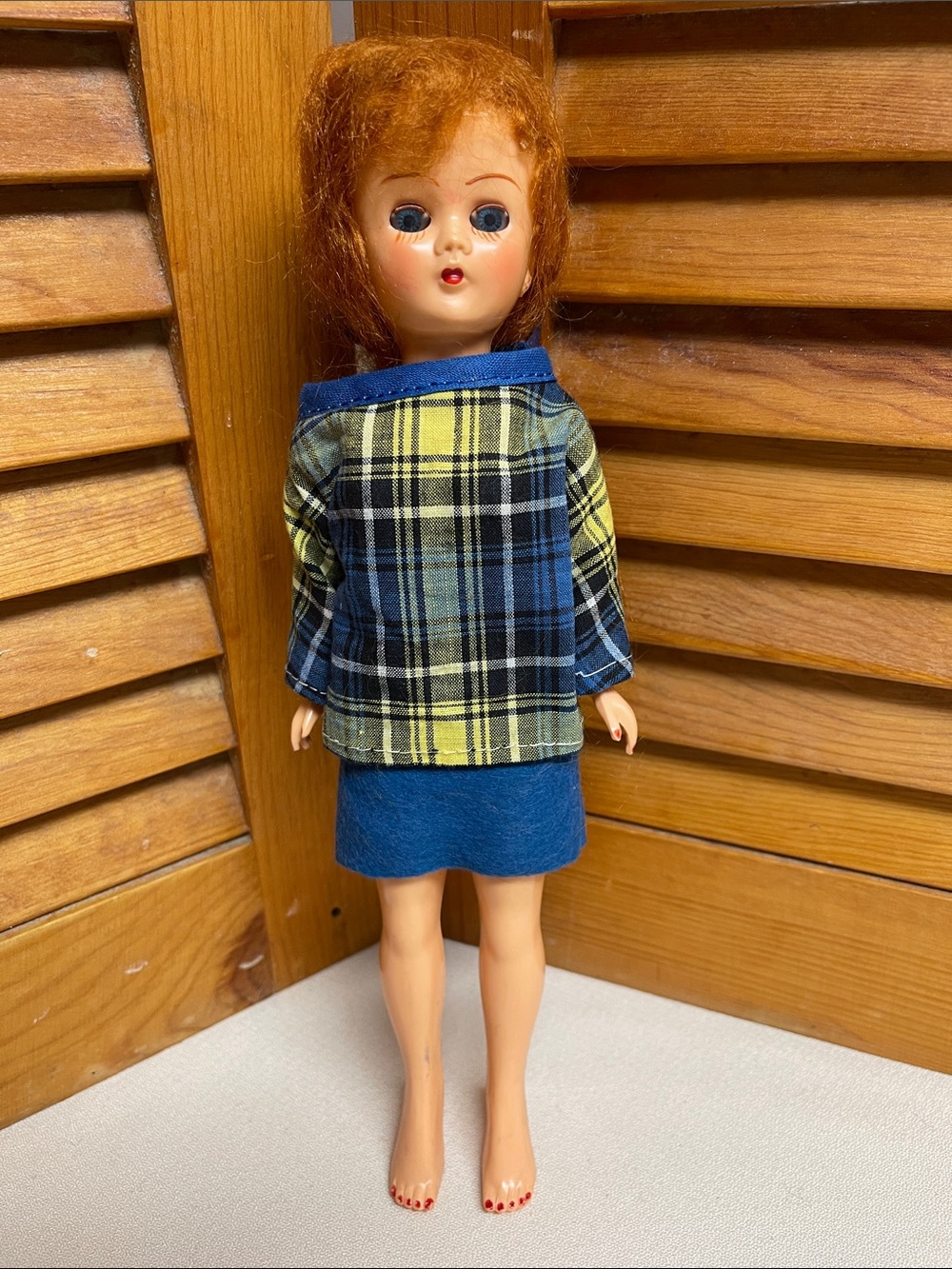 Vintage Redhead Doll in Blue and Yellow Plaid Outfit